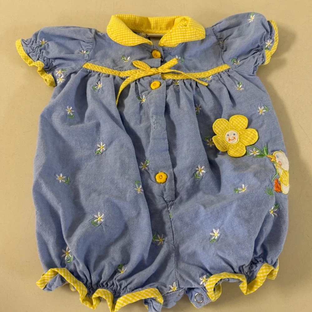 Vintage b.t. kids Girl Blue Floral Romper Yellow Gingham Trim 12 months